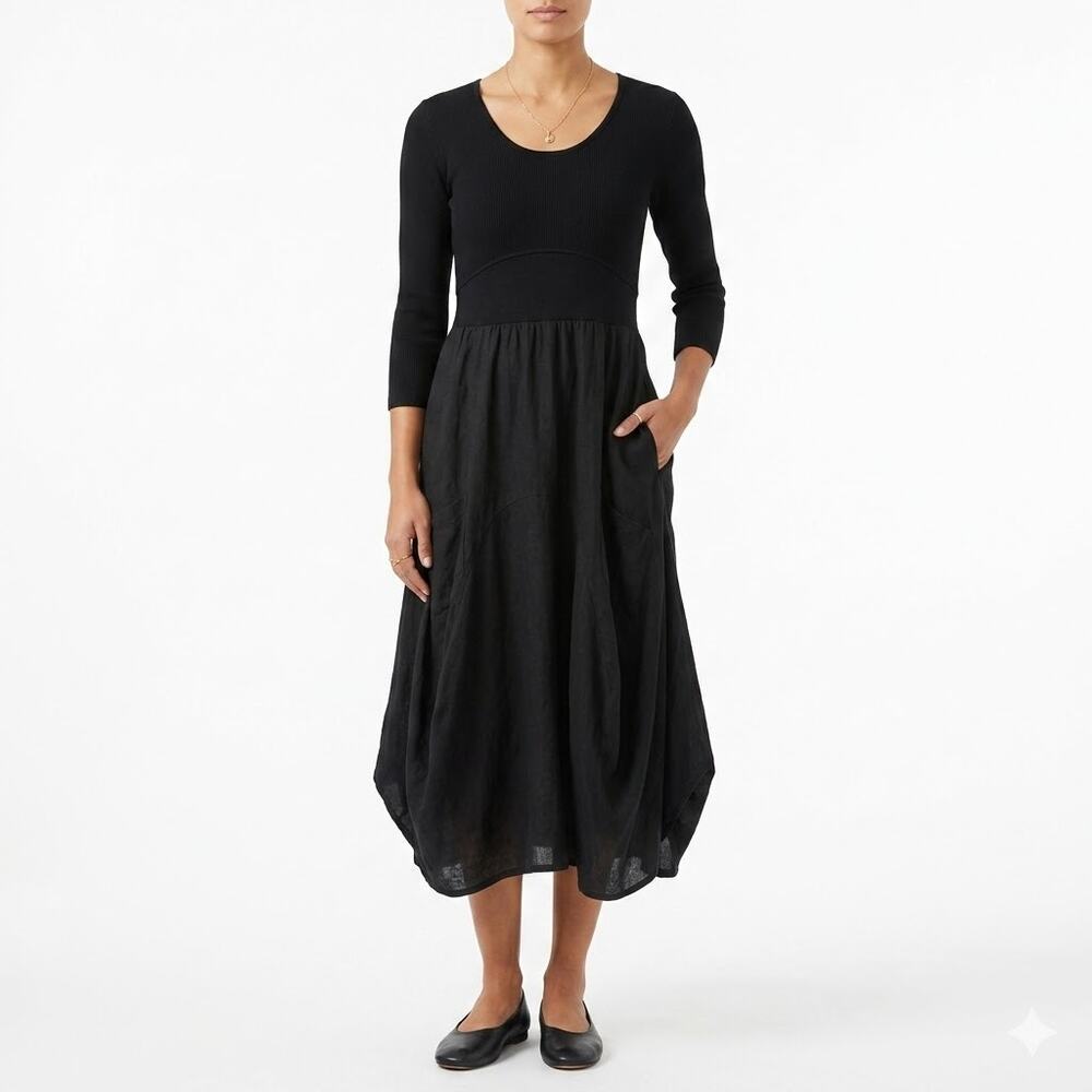 Inizio Italy Women's 3/4 Sleeves Lagenlook Peasant Magic Dress Sz M Linen Cotton